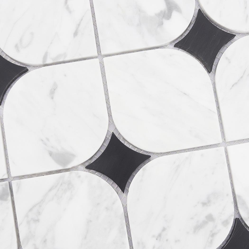 White Lantern Marble Mosaic Tile with Black Square Accents — mosaic arabesque bằng đá marble đen & trắng