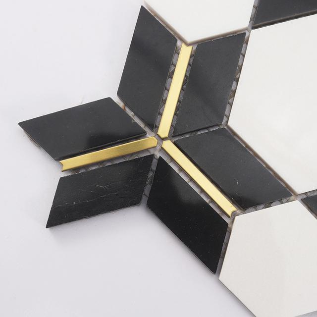 Black and White Hexagon Marble with Gold Accents — mosaic lục giác bằng đá marble đen & trắng điểm vàng