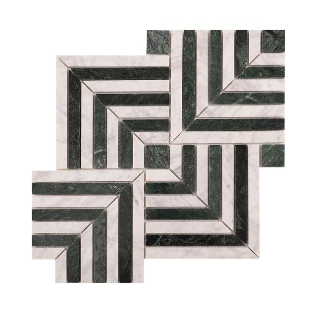 Carrara White and Verde Green Geometric Marble Mosaic Tiles — mosaic ghép nghệ thuật bằng đá marble trắng & xanh lục