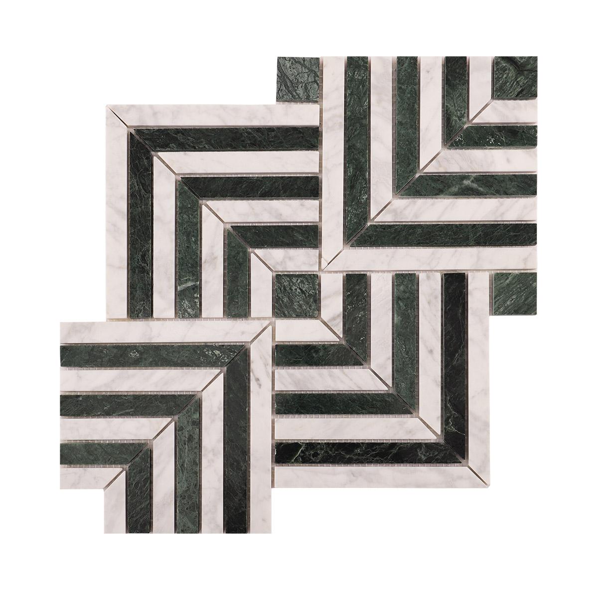 Carrara White and Verde Green Geometric Marble Mosaic Tiles — mosaic ghép nghệ thuật bằng đá marble trắng & xanh lục