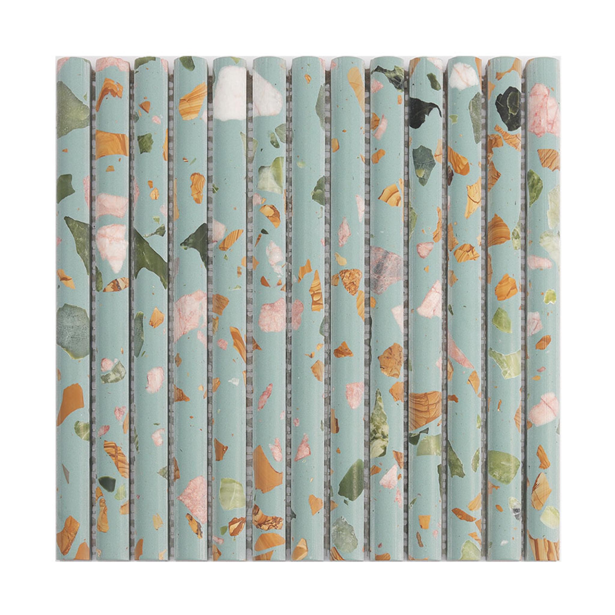 Blue Green Terrazzo Fluted Tile Fresh Wall Mosaic — mosaic rãnh sọc (fluted) bằng đá terrazzo xanh lục & xanh dương