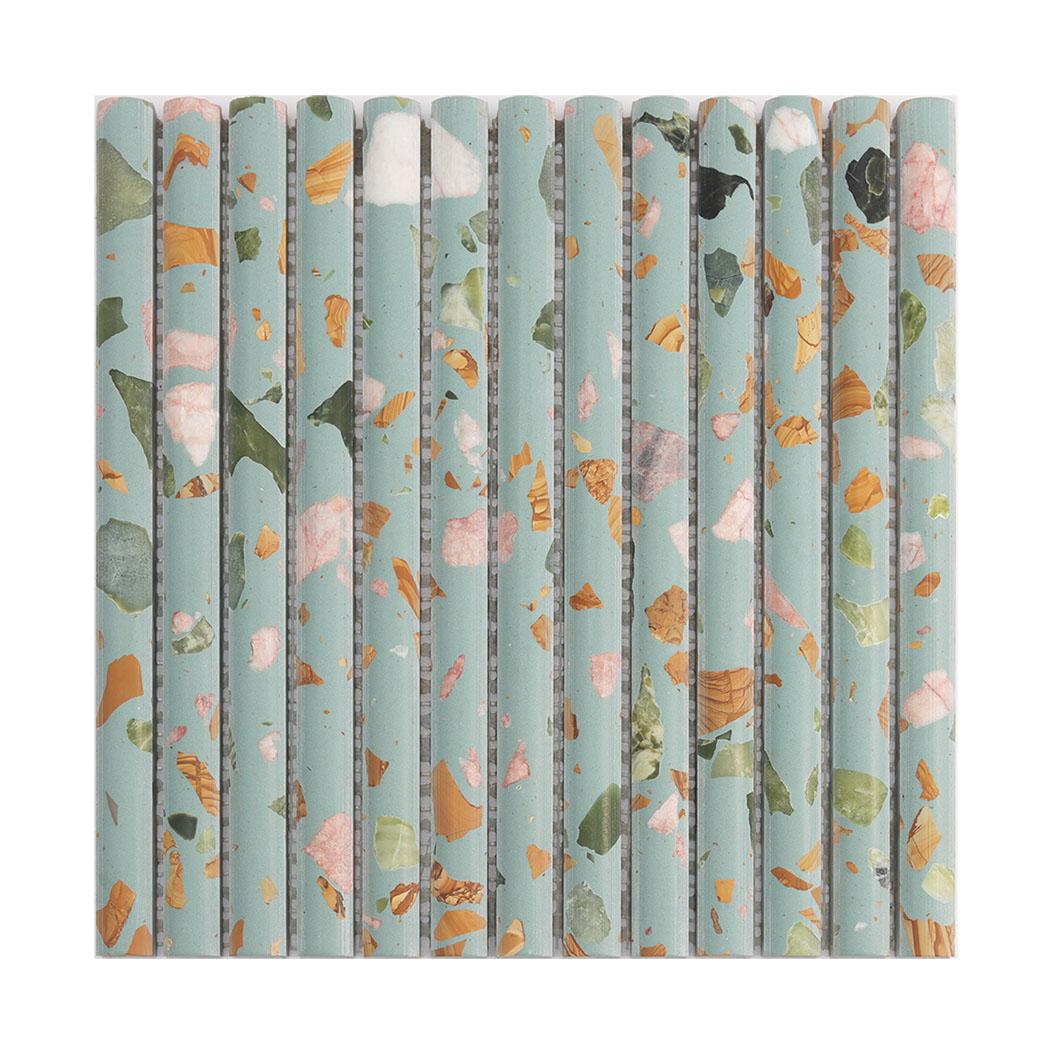 Blue Green Terrazzo Fluted Tile Fresh Wall Mosaic — mosaic rãnh sọc (fluted) bằng đá terrazzo xanh lục & xanh dương
