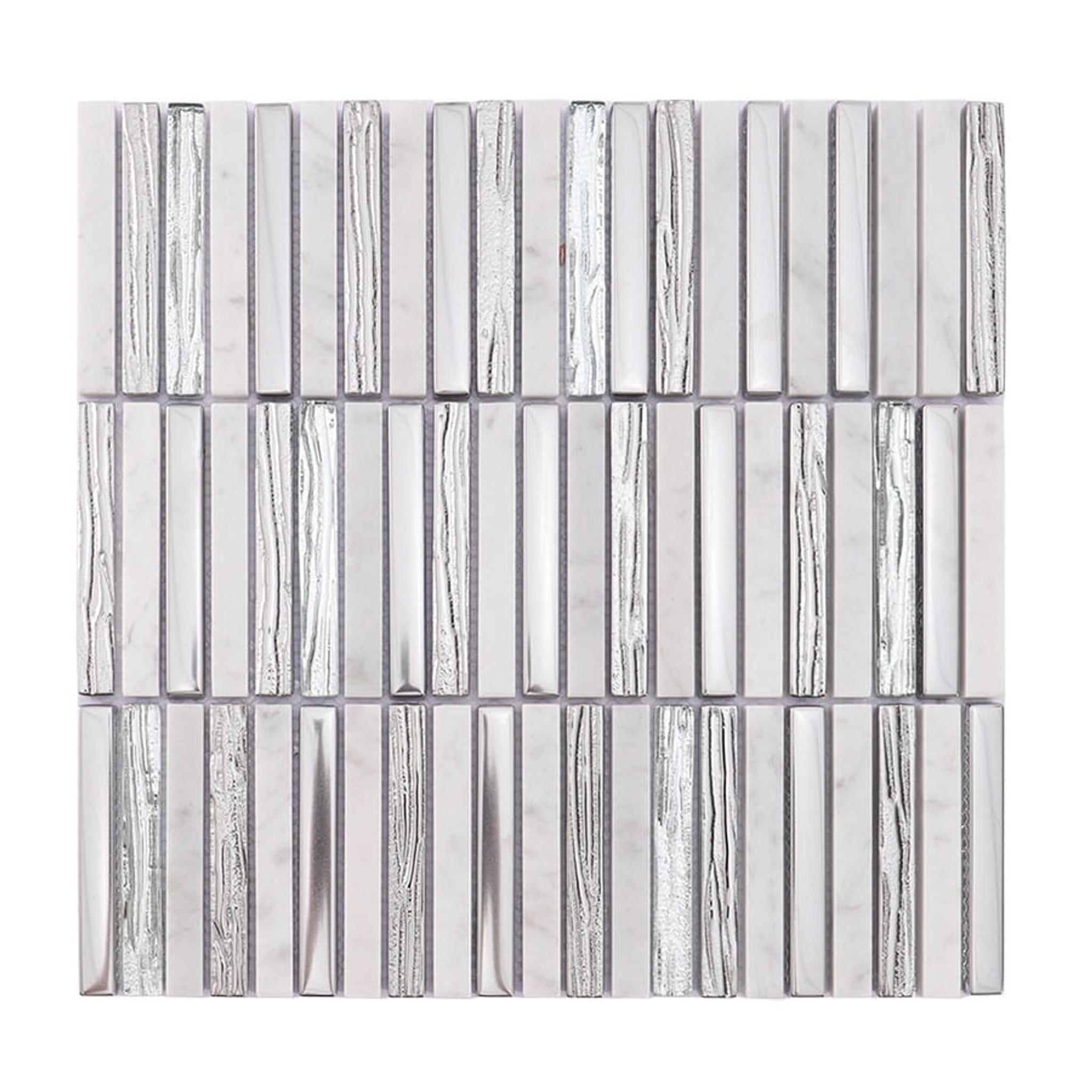Silver Glass and White Marble Mosaic Strip Tile — mosaic thanh dài (linear) bằng đá marble trắng & bạc