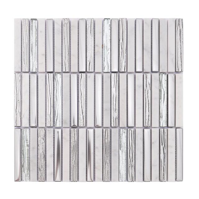 Silver Glass and White Marble Mosaic Strip Tile — mosaic thanh dài (linear) bằng đá marble trắng & bạc