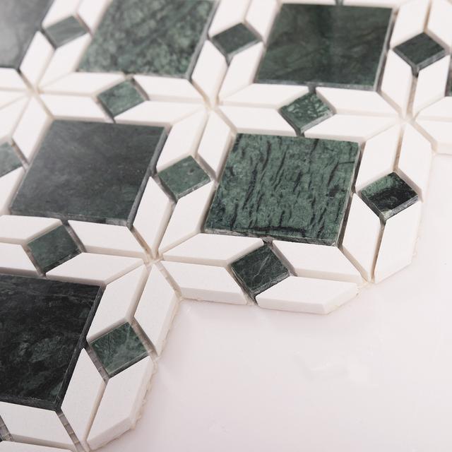 Green and White Marble Flower Mosaic Tiles — mosaic hoa văn waterjet bằng đá marble trắng & xanh lục