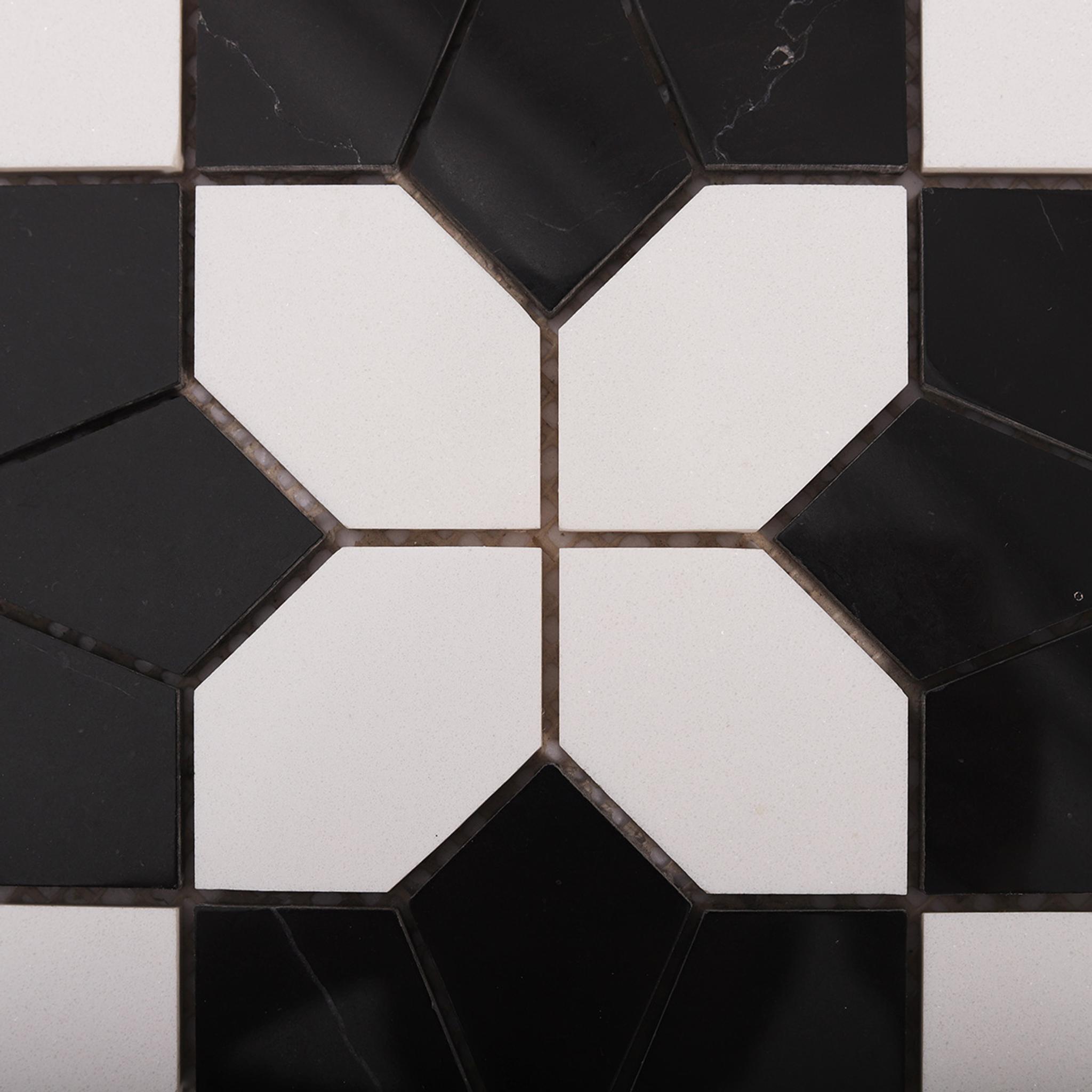 White and Black Geometric Floral Marble Mosaic Tiles — mosaic hoa văn waterjet bằng đá marble đen & trắng