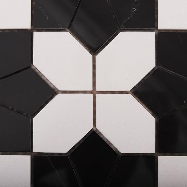 White and Black Geometric Floral Marble Mosaic Tiles — mosaic hoa văn waterjet bằng đá marble đen & trắng
