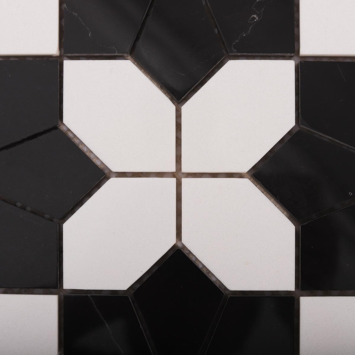 White and Black Geometric Floral Marble Mosaic Tiles — mosaic hoa văn waterjet bằng đá marble đen & trắng