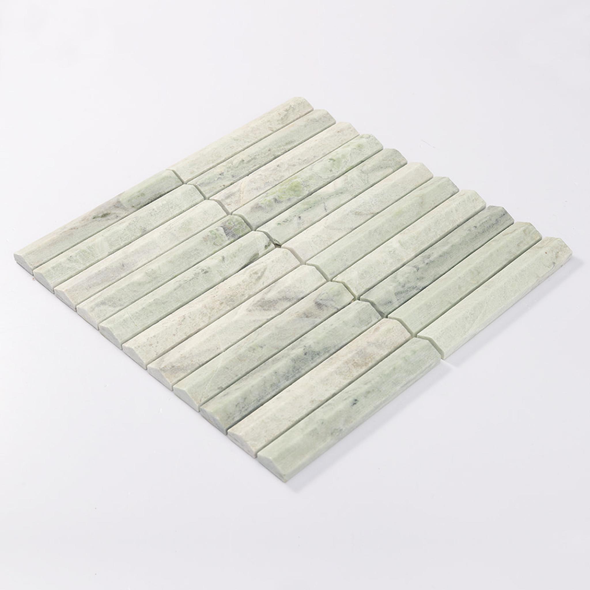 Ming Green Fluted Stacked Marble Mosaic Tile Backsplash and Bathroom — mosaic rãnh sọc (fluted) bằng đá marble xanh lục