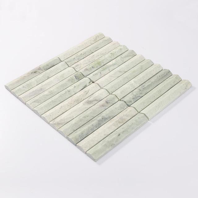 Ming Green Fluted Stacked Marble Mosaic Tile Backsplash and Bathroom — mosaic rãnh sọc (fluted) bằng đá marble xanh lục