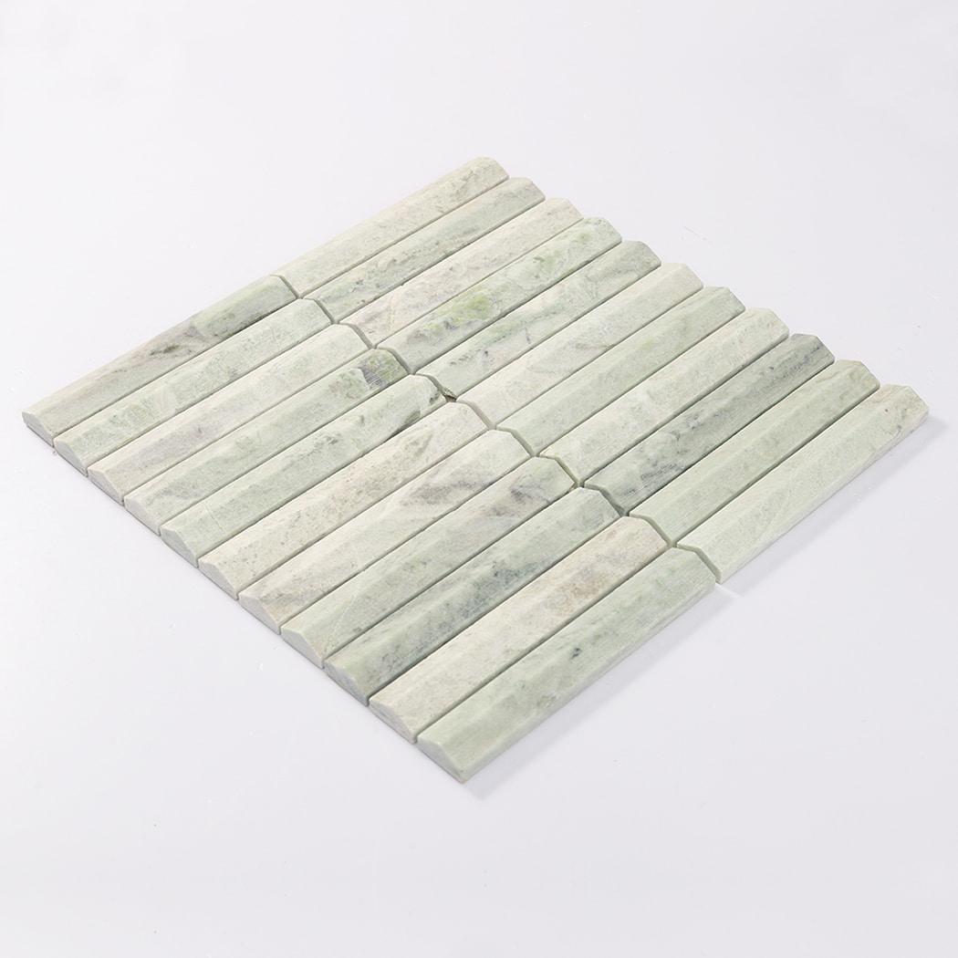 Ming Green Fluted Stacked Marble Mosaic Tile Backsplash and Bathroom — mosaic rãnh sọc (fluted) bằng đá marble xanh lục
