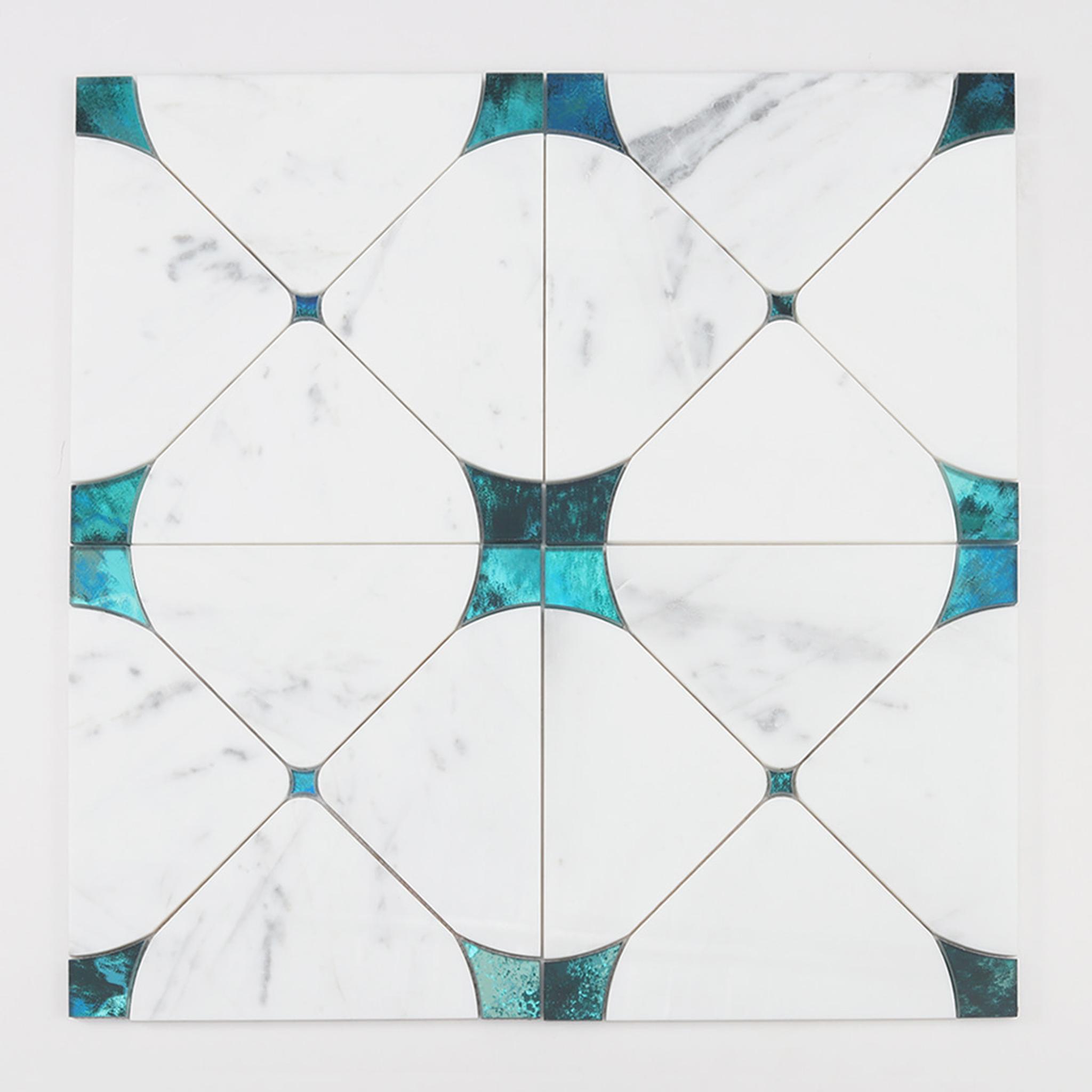 White Marble and Blue Glass Waterjet Mosaic Tile — mosaic hoa văn waterjet bằng đá marble trắng & xanh dương