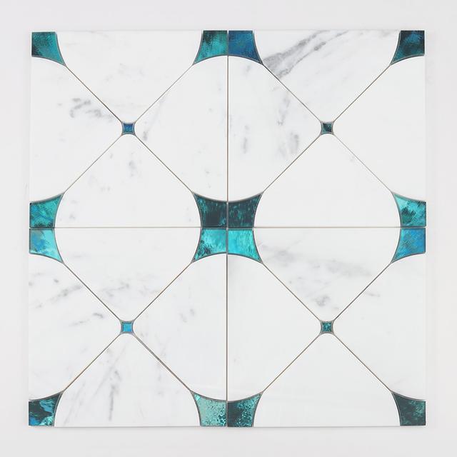 White Marble and Blue Glass Waterjet Mosaic Tile — mosaic hoa văn waterjet bằng đá marble trắng & xanh dương