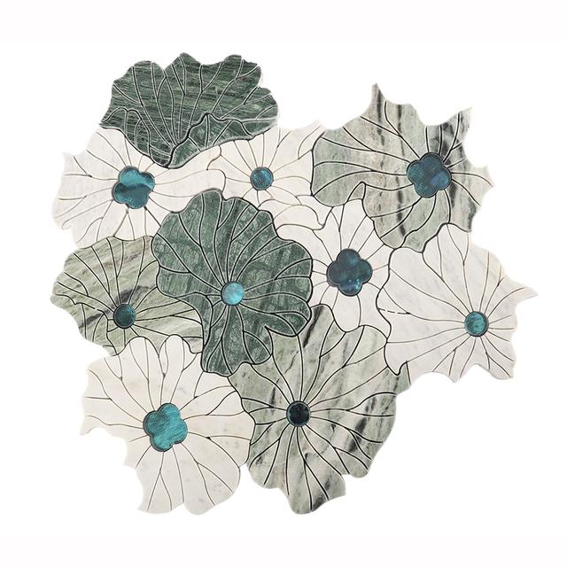 Green and White Floral Marble  Mosaic Tile — mosaic hoa văn waterjet bằng đá marble trắng & xanh lục