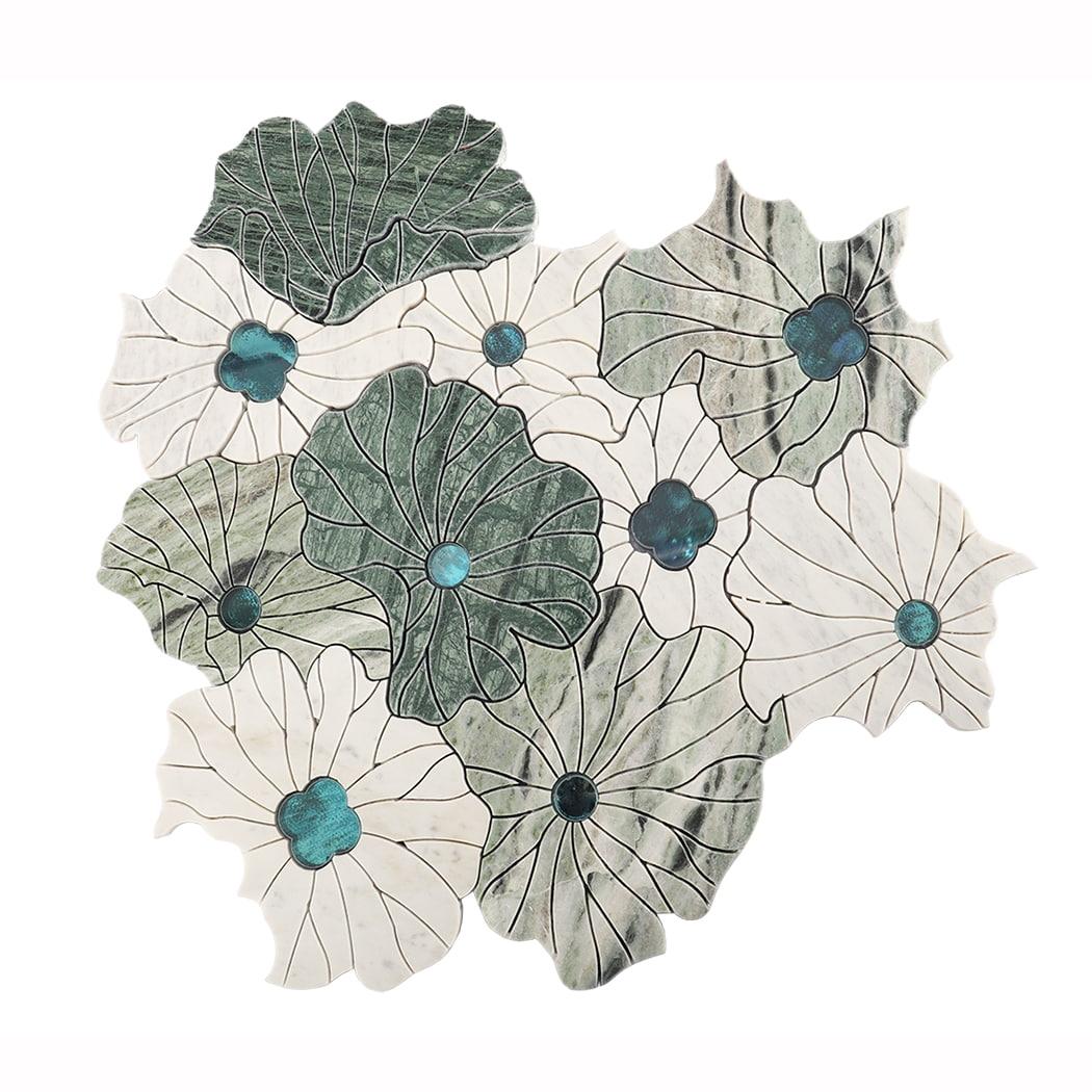 Green and White Floral Marble Mosaic Tile — mosaic hoa văn waterjet bằng đá marble trắng & xanh lục