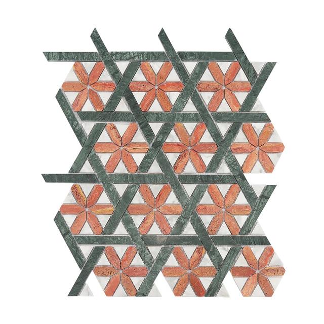 Star Pattern Marble Mosaic Tile — Red, Green & White — Rochelle Rochelle Stone
