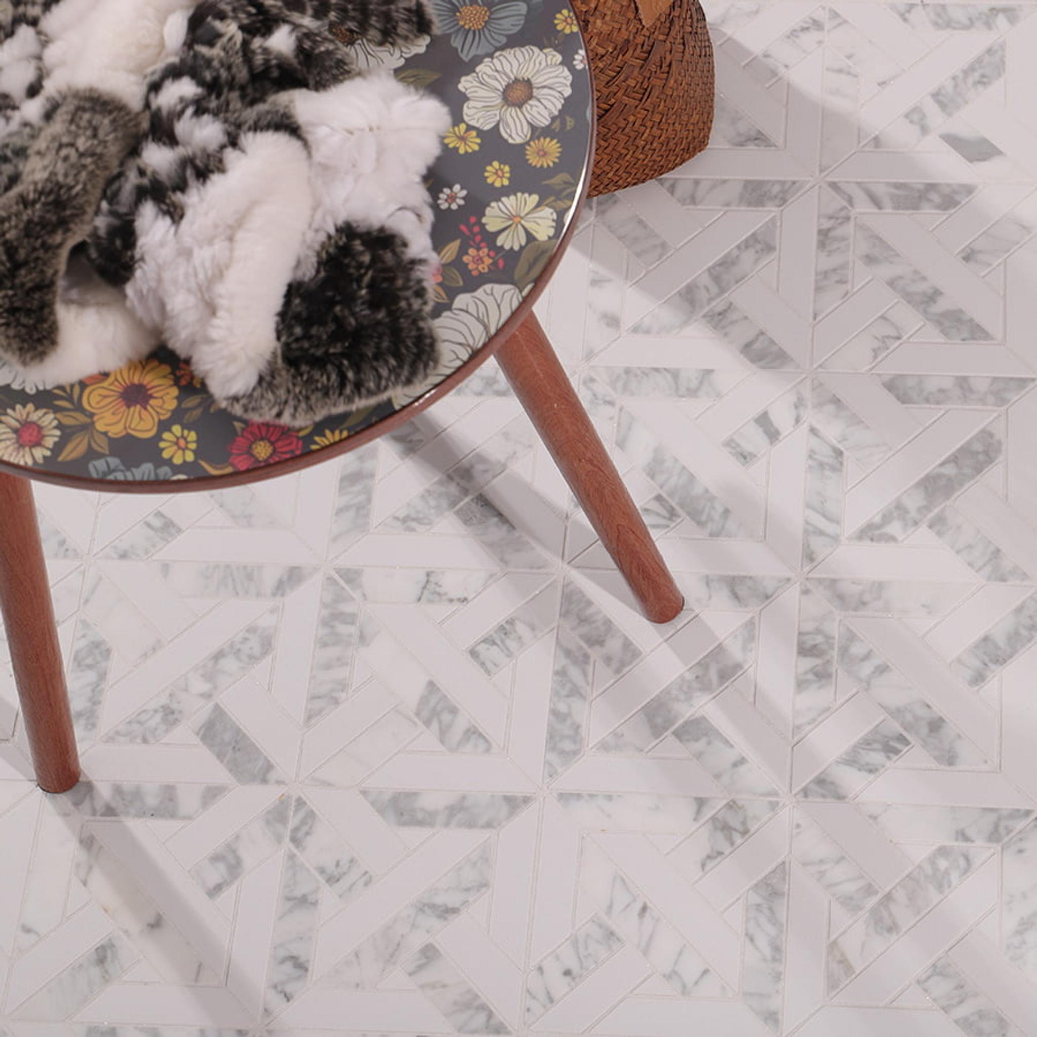 White Geometrica Thassos Honed Marble Tiles — mosaic ghép nghệ thuật bằng đá marble trắng