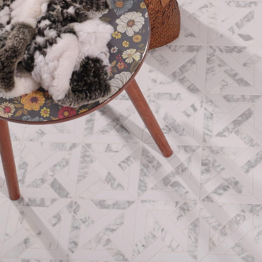 White Geometrica Thassos Honed Marble Tiles — mosaic ghép nghệ thuật bằng đá marble trắng