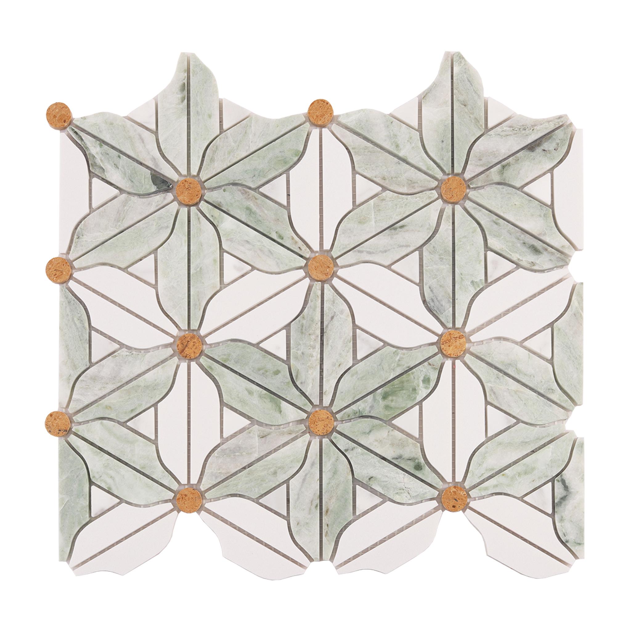 Ming Green and White Flower Marble Mosaic Tiles — mosaic hoa văn waterjet bằng đá marble trắng & xanh lục