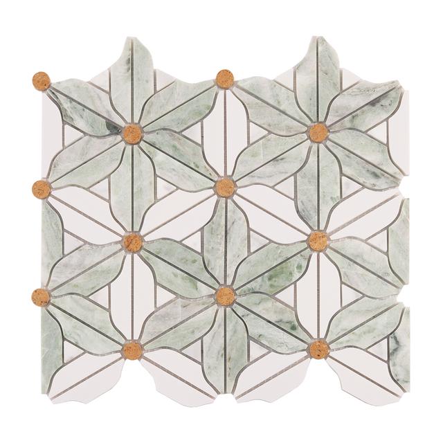 Ming Green and White Flower Marble Mosaic Tiles — mosaic hoa văn waterjet bằng đá marble trắng & xanh lục