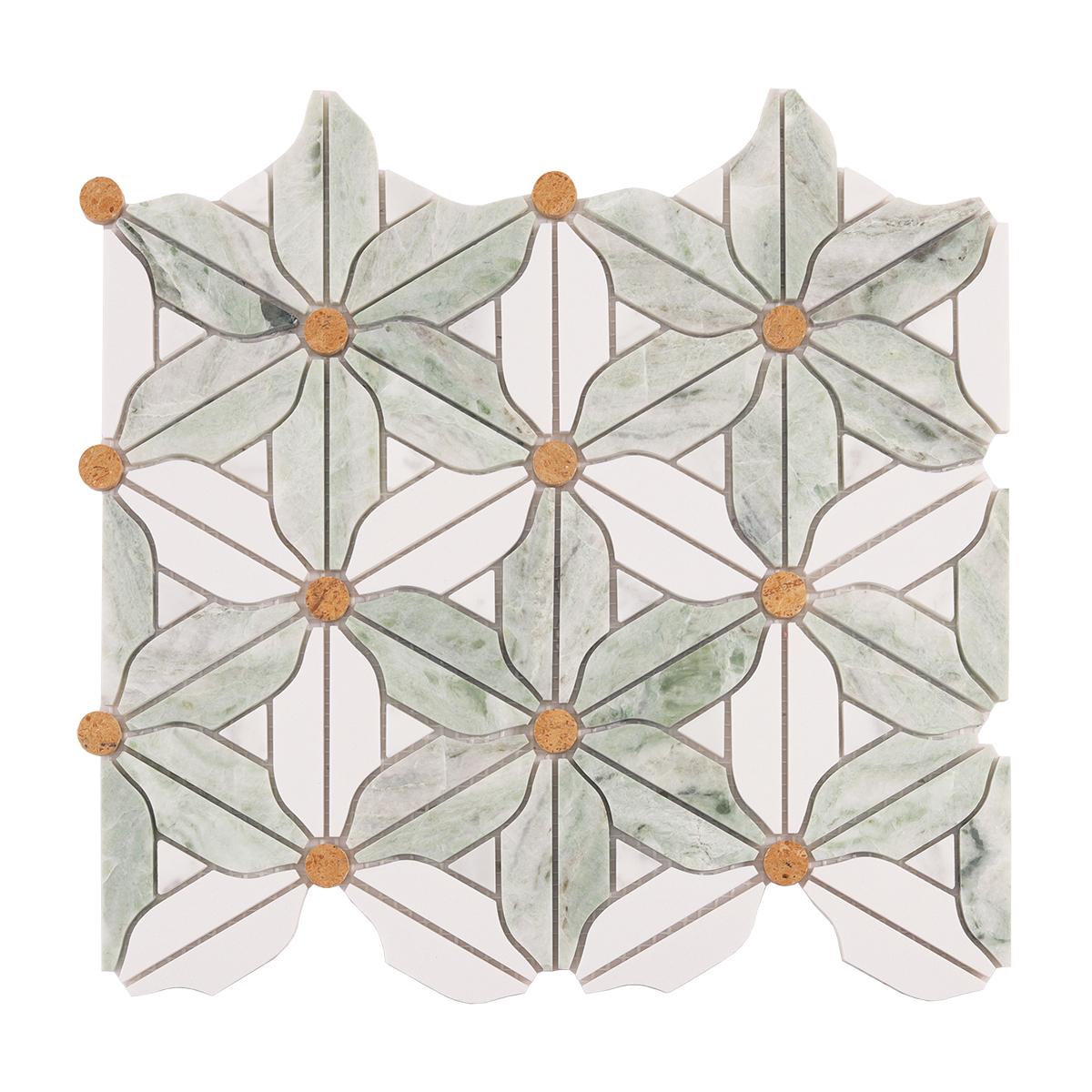 Ming Green and White Flower Marble Mosaic Tiles — mosaic hoa văn waterjet bằng đá marble trắng & xanh lục