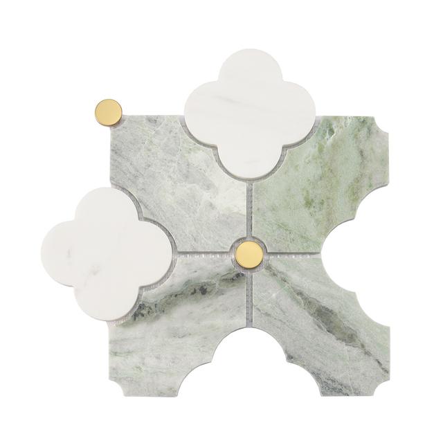 Green White Quatrefoil Arabesque Marble Tile with Gold Accent — Rochelle Rochelle Stone