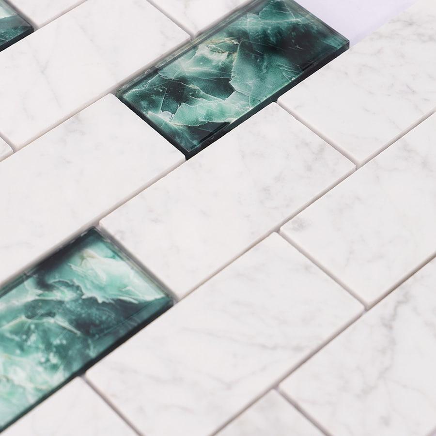 White Marble and Green Glass Mosaic Brick Subway Tile — mosaic subway (gạch thẻ) bằng đá marble trắng & xanh lục