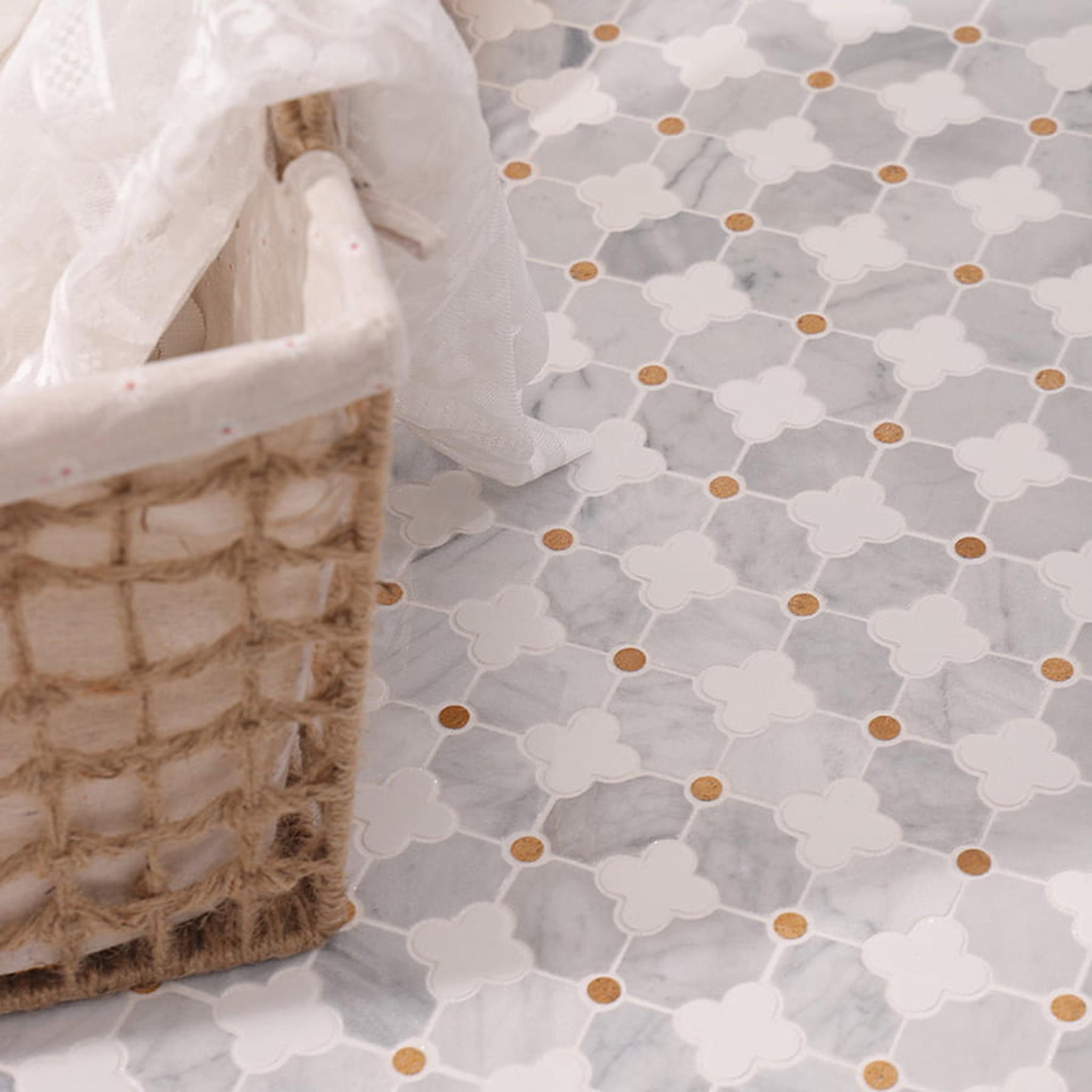 Gray and White Flower Waterjet Marble Mosaic Tiles — mosaic hoa văn waterjet bằng đá marble trắng & xám