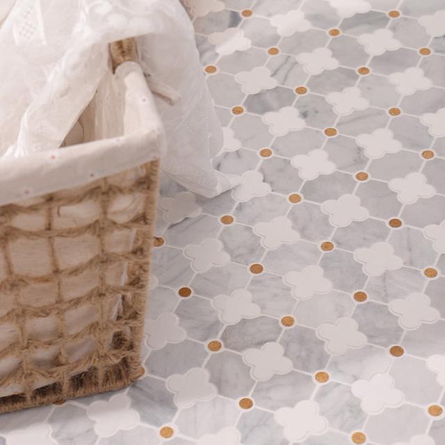 Gray and White Flower Waterjet Marble Mosaic Tiles — mosaic hoa văn waterjet bằng đá marble trắng & xám