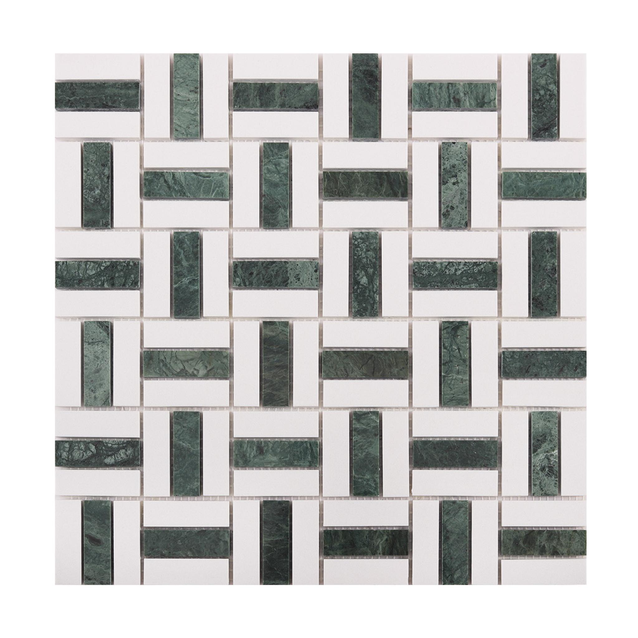 Empress Green and White Basketweave Marble Mosaic Tiles — mosaic đan rổ (basketweave) bằng đá marble trắng & xanh lục