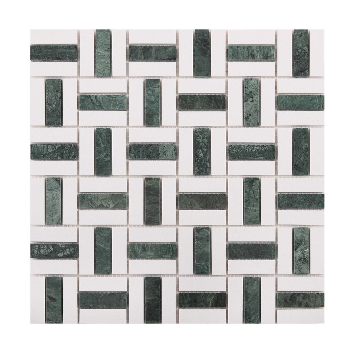 Empress Green and White Basketweave Marble Mosaic Tiles — mosaic đan rổ (basketweave) bằng đá marble trắng & xanh lục