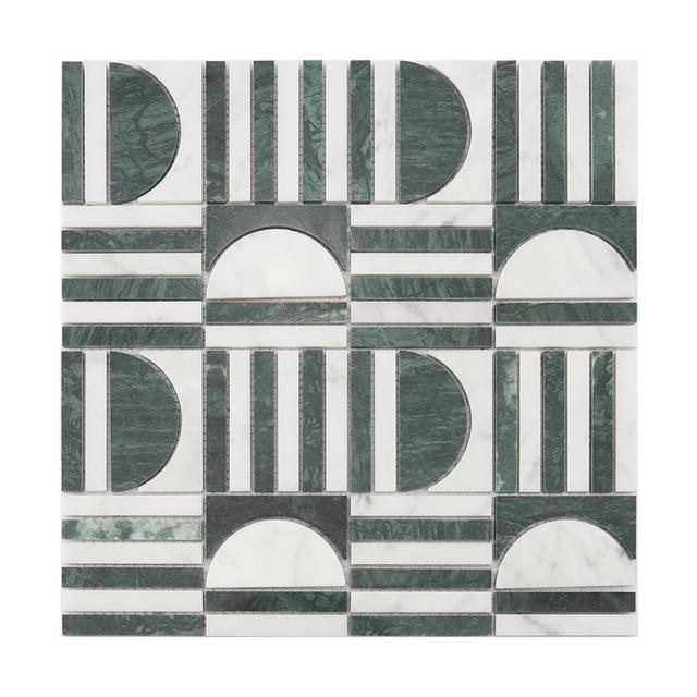 Geometric Green and White Marble Mosaic Backsplash and Bathroom Tile — mosaic ghép nghệ thuật bằng đá marble trắng & xanh lục
