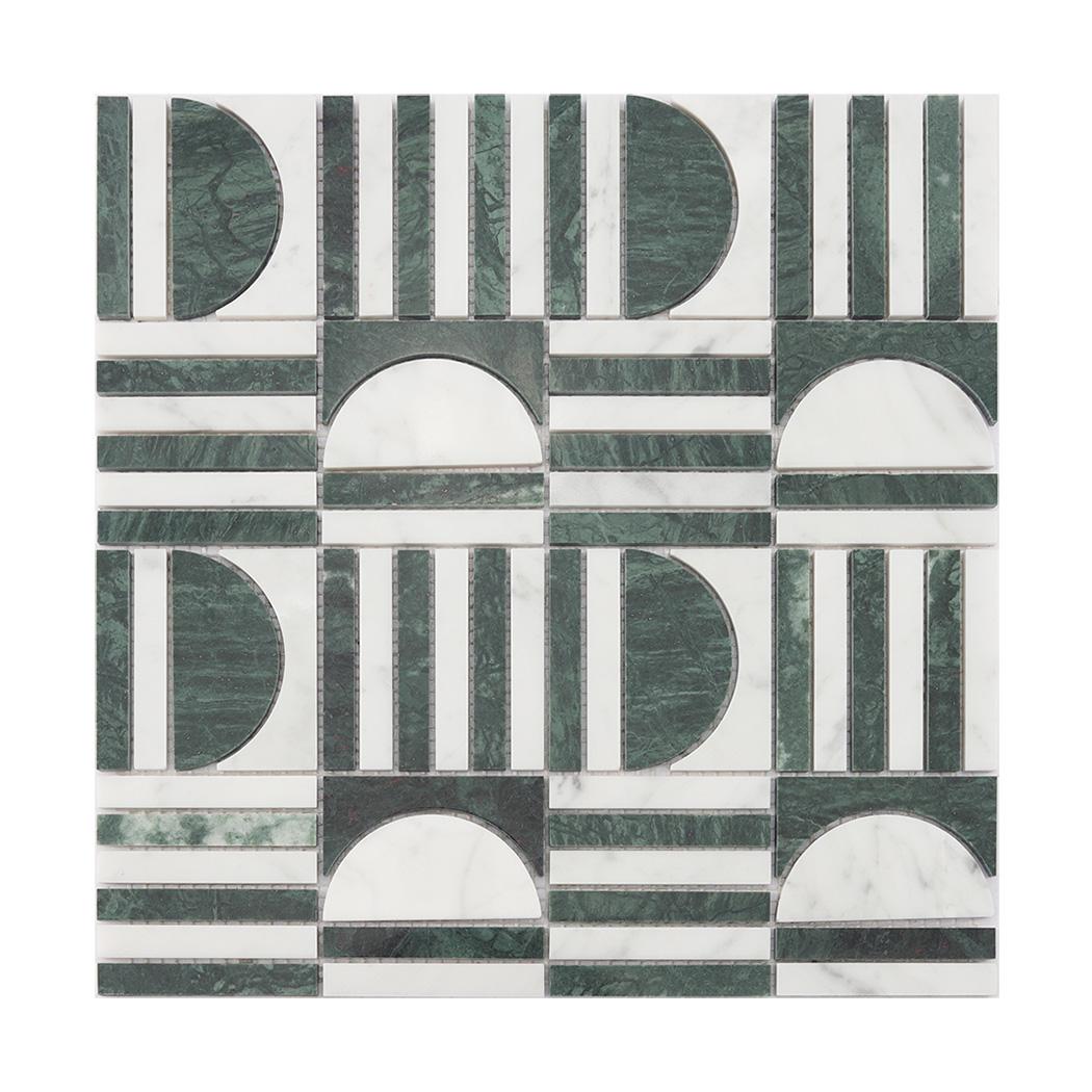 Geometric Green and White Marble Mosaic Backsplash and Bathroom Tile — mosaic ghép nghệ thuật bằng đá marble trắng & xanh lục