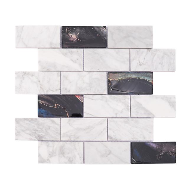 White Marble and Black Glass Mosaic Subway Tile — mosaic subway (gạch thẻ) bằng đá marble đen & trắng