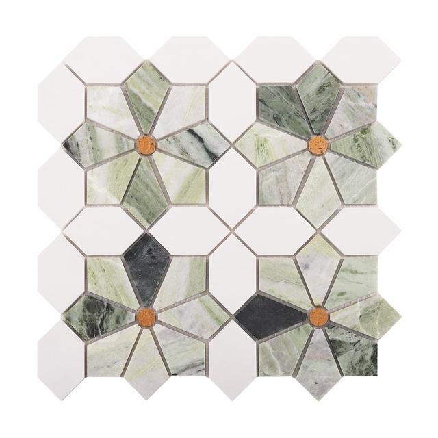 Green Gradient Floral Marble Mosaic Tiles with Gold Center — mosaic hoa văn waterjet bằng đá marble trắng & xanh lục