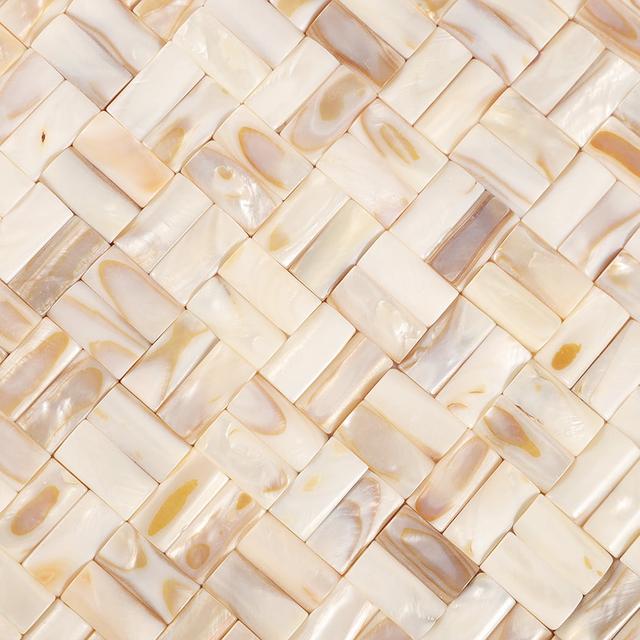 3D Beige Mother of Pearl Basket Weave Mosaic Tile — mosaic đan rổ (basketweave) bằng xà cừ beige