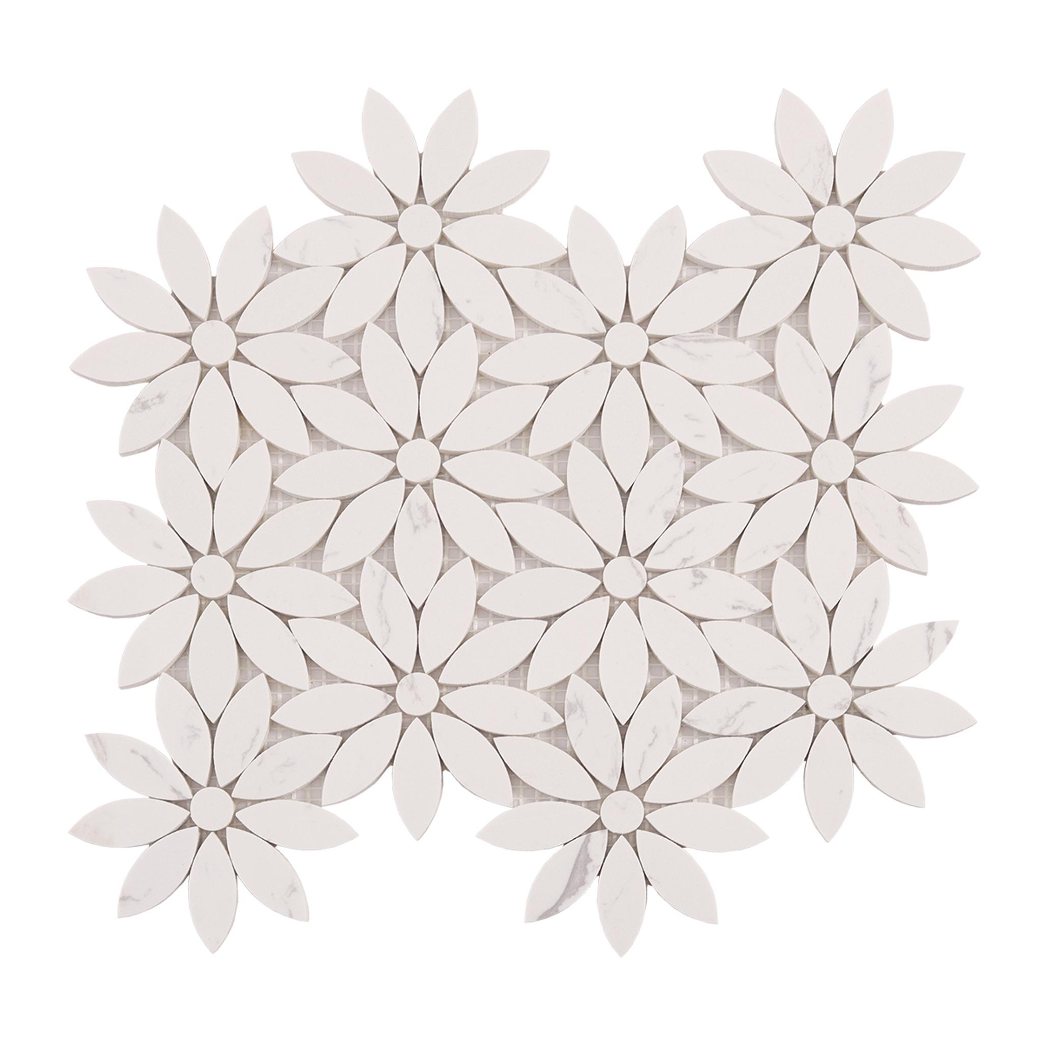 White Daisy Waterjet Artificial Marble Mosaic Tiles — mosaic hoa văn waterjet bằng đá marble trắng