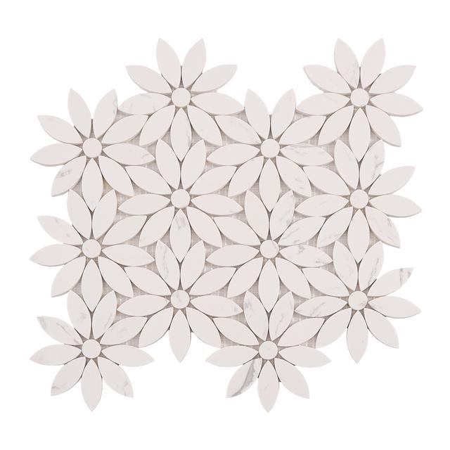 White Daisy Waterjet Artificial Marble Mosaic Tiles — mosaic hoa văn waterjet bằng đá marble trắng