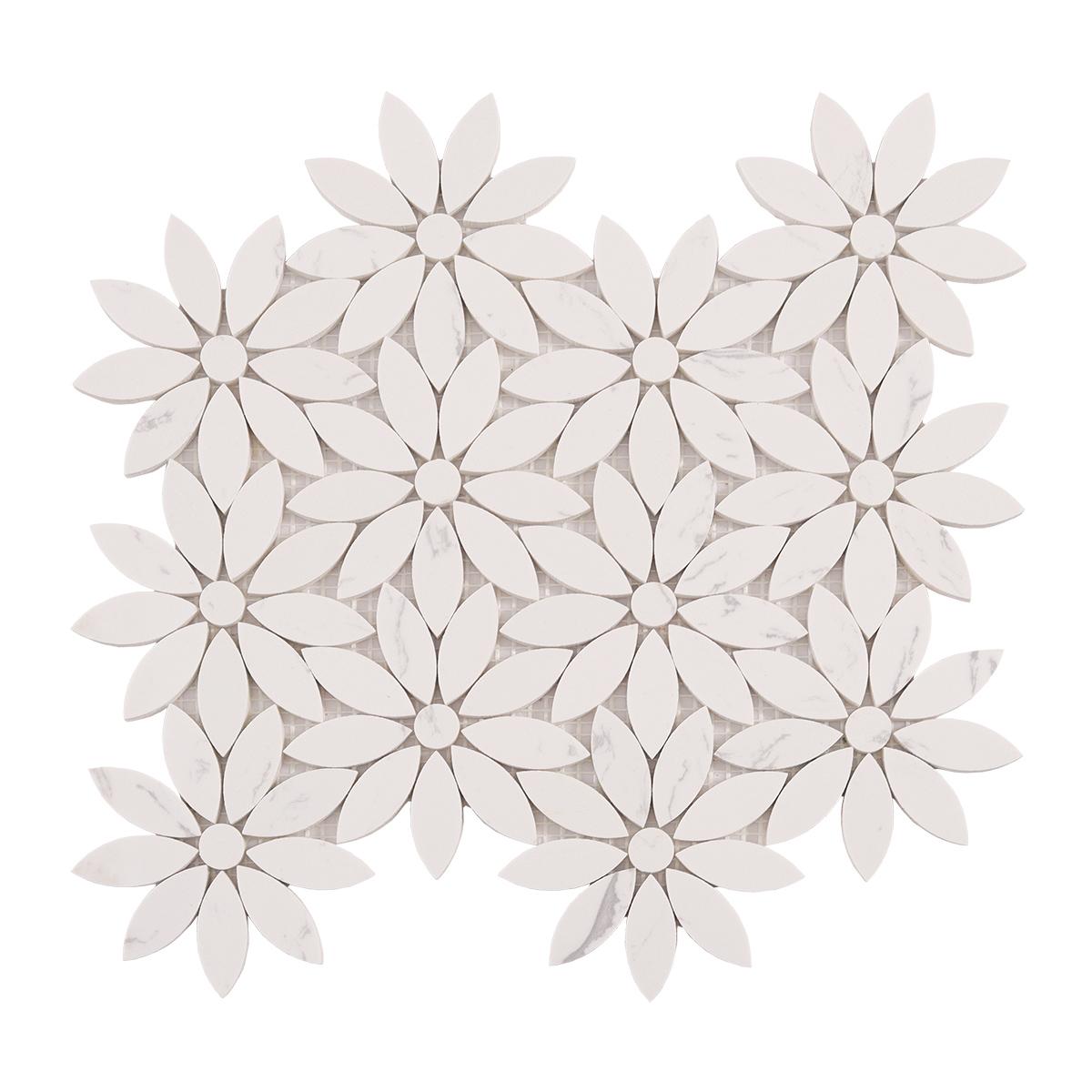 White Daisy Waterjet Artificial Marble Mosaic Tiles — mosaic hoa văn waterjet bằng đá marble trắng