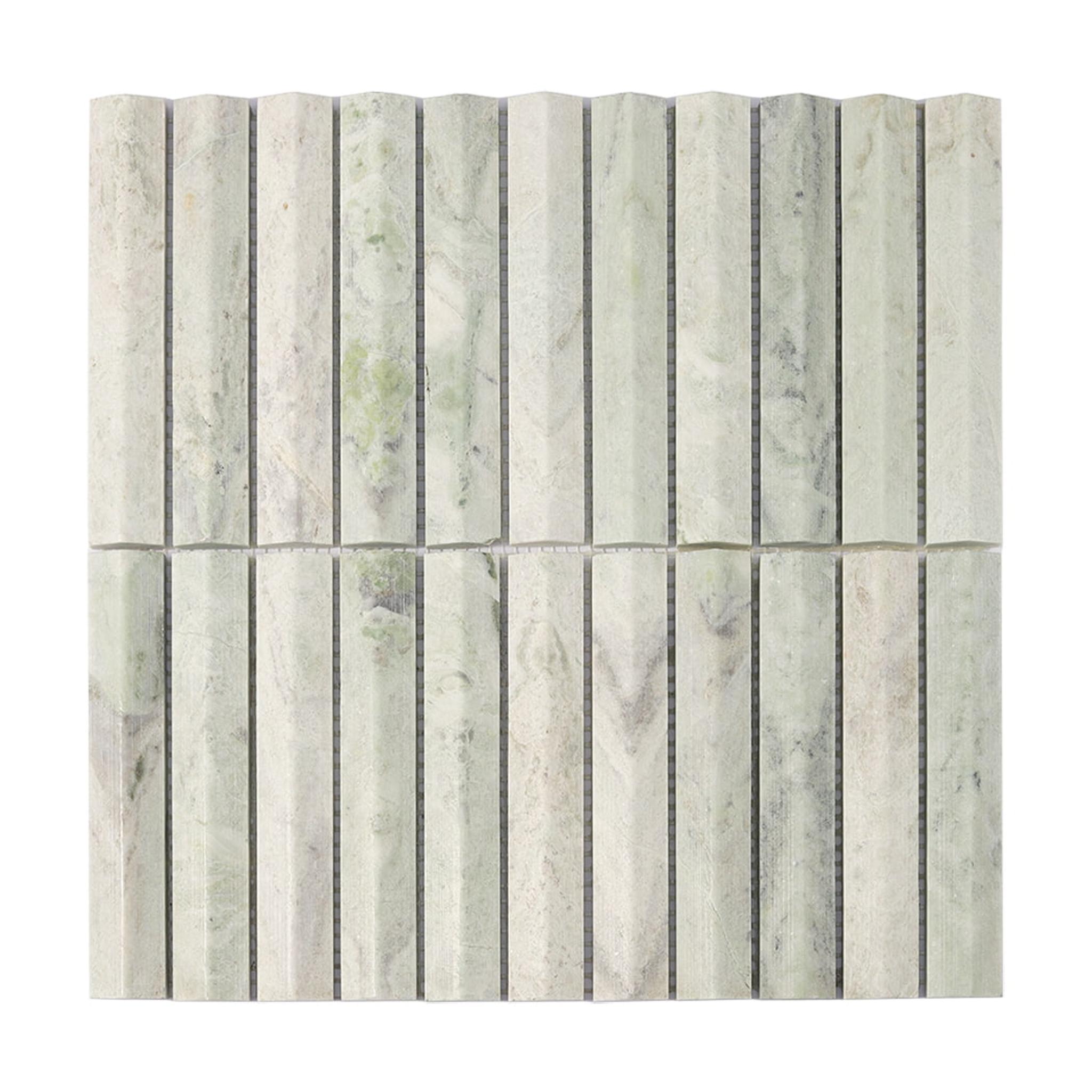 Ming Green Fluted Stacked Marble Mosaic Tile Backsplash and Bathroom — mosaic rãnh sọc (fluted) bằng đá marble xanh lục