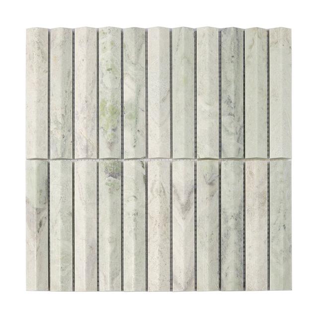 Ming Green Fluted Stacked Marble Mosaic Tile Backsplash and Bathroom — mosaic rãnh sọc (fluted) bằng đá marble xanh lục