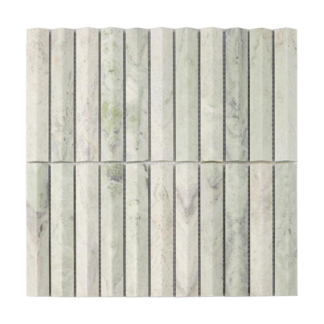 Ming Green Fluted Stacked Marble Mosaic Tile Backsplash and Bathroom — mosaic rãnh sọc (fluted) bằng đá marble xanh lục