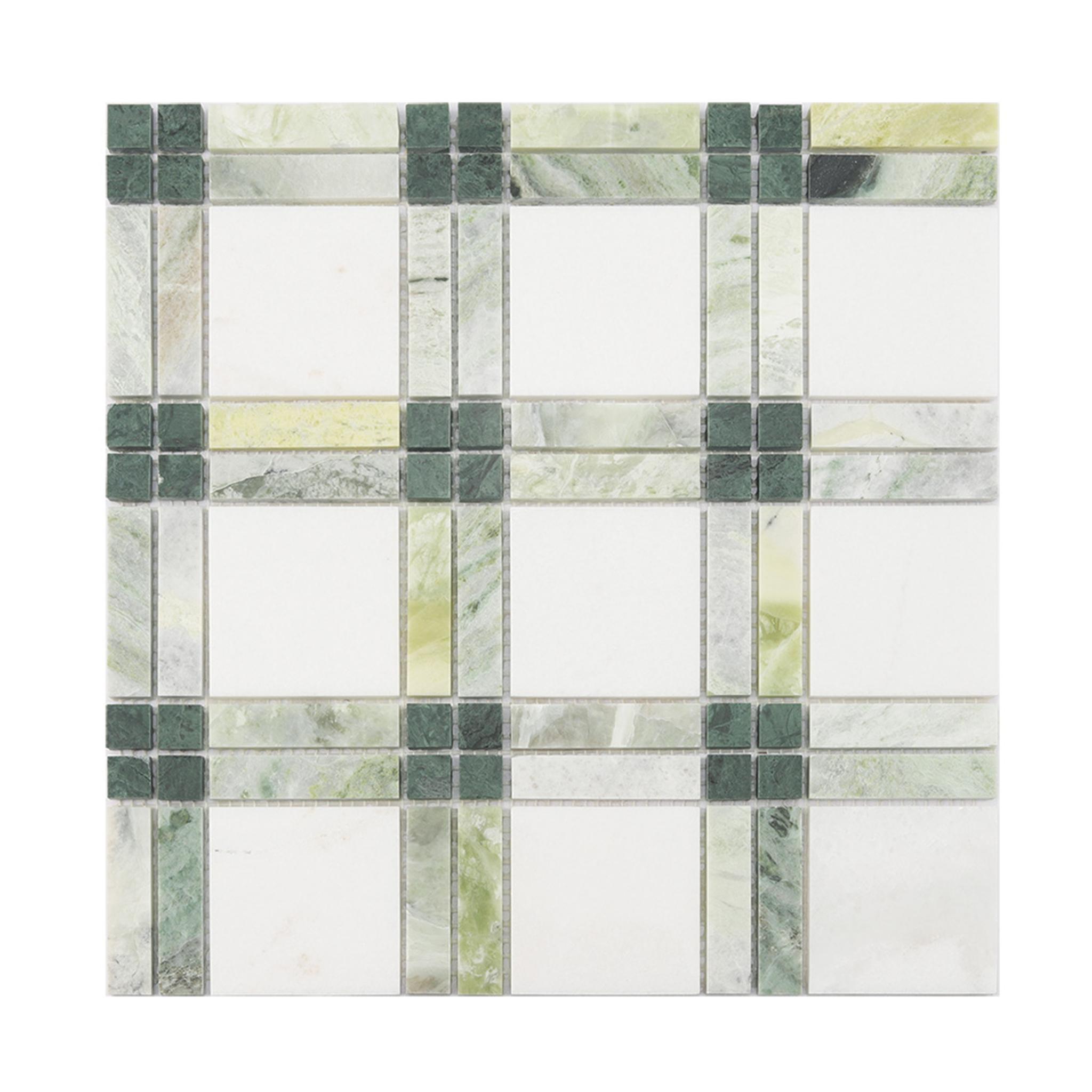 Plaid Marble Floor Mosaic Tile Green and White Wall — mosaic ghép nghệ thuật bằng đá marble trắng & xanh lục