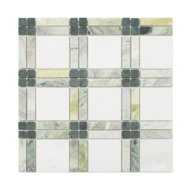 Plaid Marble Floor Mosaic Tile Green and White Wall — mosaic ghép nghệ thuật bằng đá marble trắng & xanh lục