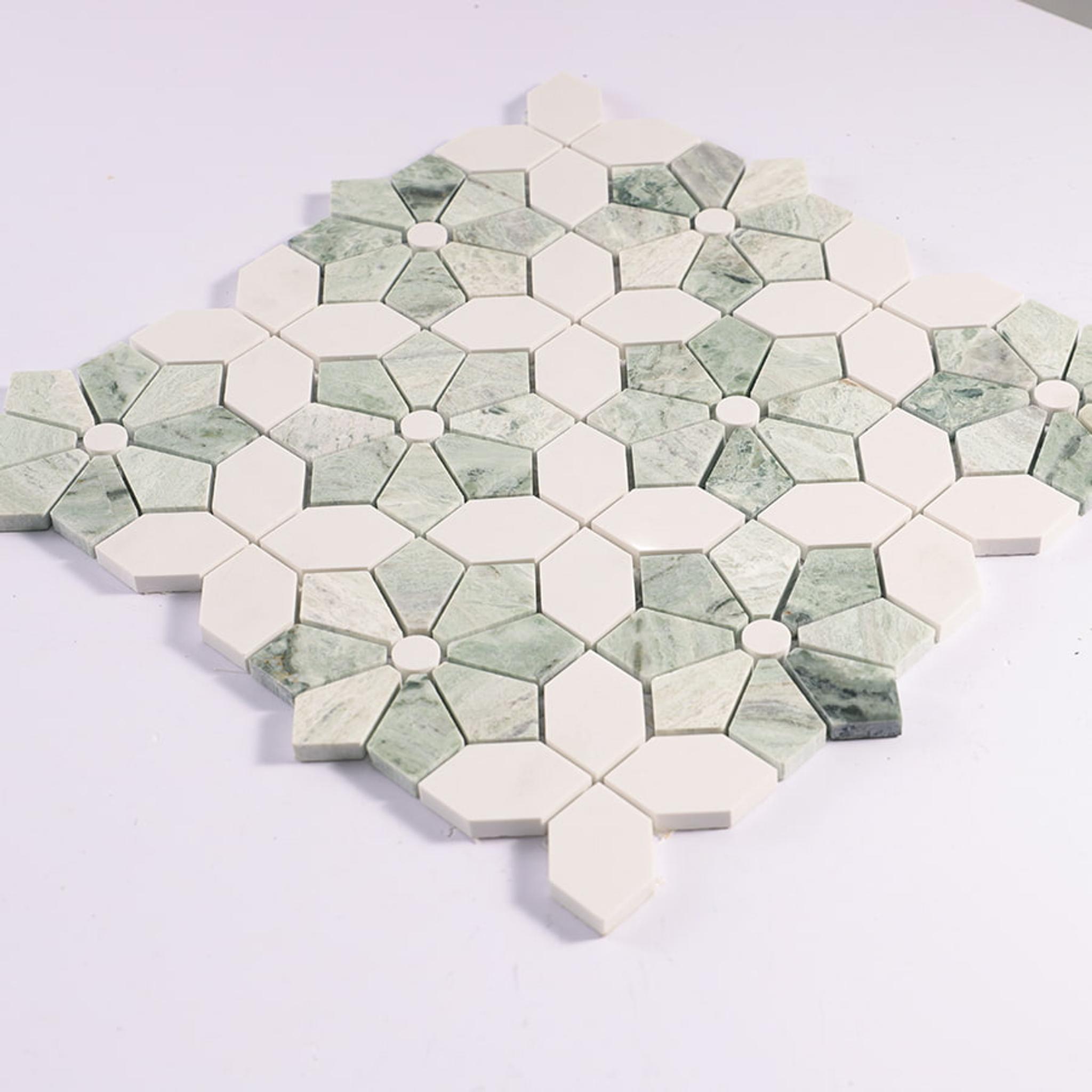 Green with White Marble Flower Mosaic Floor Tile — mosaic hoa văn waterjet bằng đá marble trắng & xanh lục