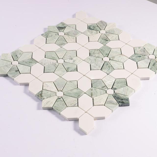 Green with White Marble Flower Mosaic Floor Tile — mosaic hoa văn waterjet bằng đá marble trắng & xanh lục