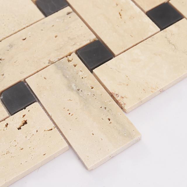 Beige Basketweave Marble Mosaic with Black Dot — mosaic đan rổ (basketweave) bằng đá marble beige điểm đen