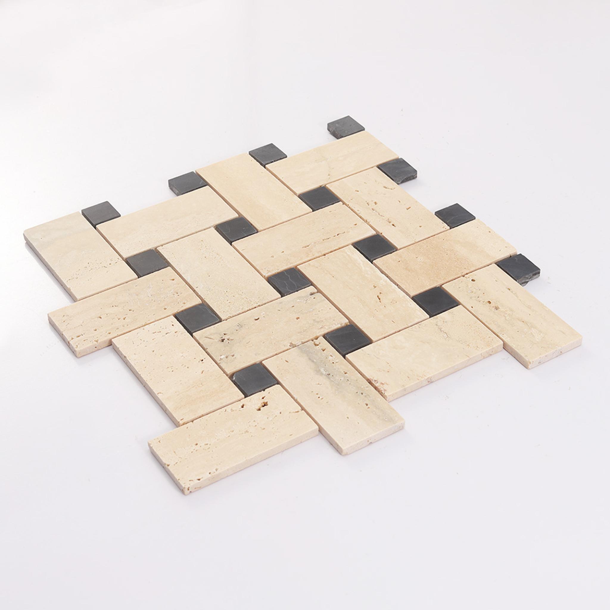 Beige Basketweave Marble Mosaic with Black Dot — mosaic đan rổ (basketweave) bằng đá marble beige điểm đen