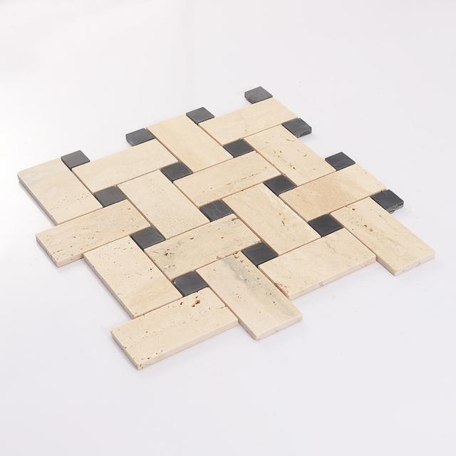 Beige Basketweave Marble Mosaic with Black Dot — mosaic đan rổ (basketweave) bằng đá marble beige điểm đen