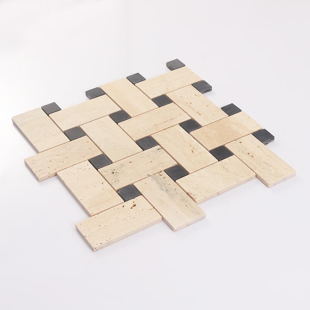 Beige Basketweave Marble Mosaic with Black Dot — mosaic đan rổ (basketweave) bằng đá marble beige điểm đen